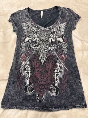 American Age Mineral Wash Black V-Neck Tee with Maroon and White Graphic